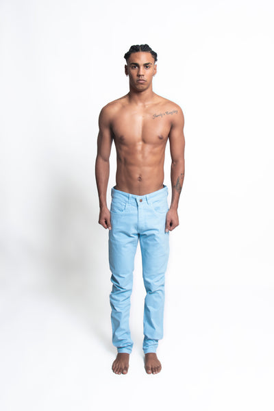 Make a statement with sleek 'BRONX' Slim Fit Denim. Unisex style in baby blue, exclusively crafted for versatile occasions. Elevate your wardrobe with this comfortable and fashionable denim.