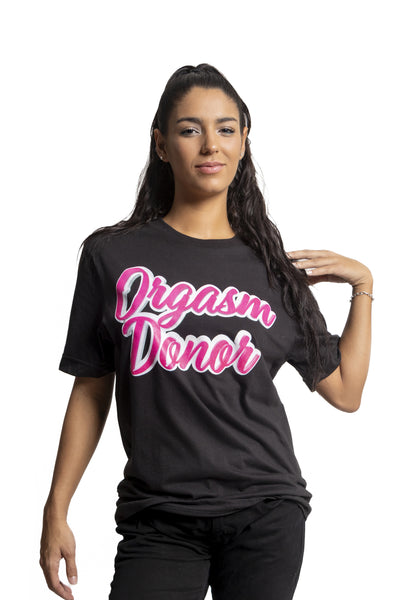 Showcase your style with a unisex T-shirt featuring soft Pima cotton fabric and an "Orgasm Donor" logo for a playful and unique touch.